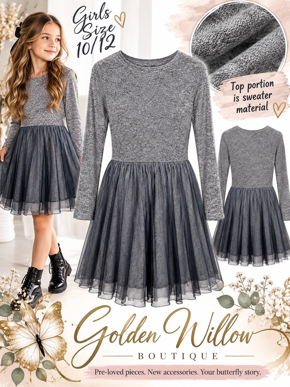 Cat & Jack Gray Layered Tulle Skirt Long-Sleeve Dress